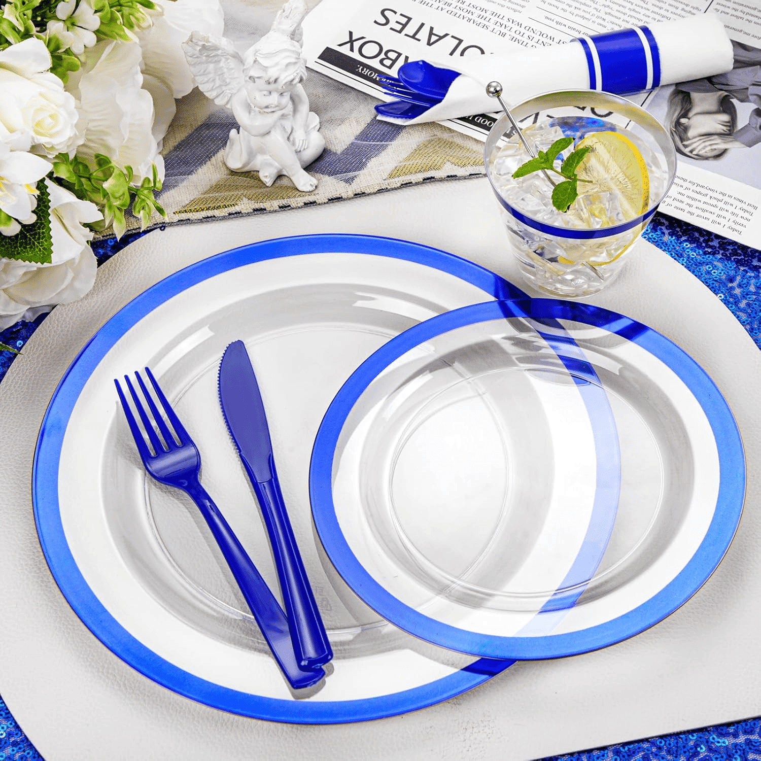 Clear Blue Dark Plastic Plates, Disposable Plates for , Dinnerware Include 50 Dinner Plates 50 Dessert Plates, 50 Cups, 50 Pre Rolled Napkins with Cutlery Set for Party — view 9