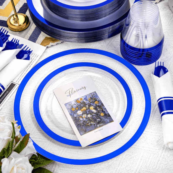 Clear Blue Dark Plastic Plates, Disposable Plates for , Dinnerware Include 50 Dinner Plates 50 Dessert Plates, 50 Cups, 50 Pre Rolled Napkins with Cutlery Set for Party — view 10