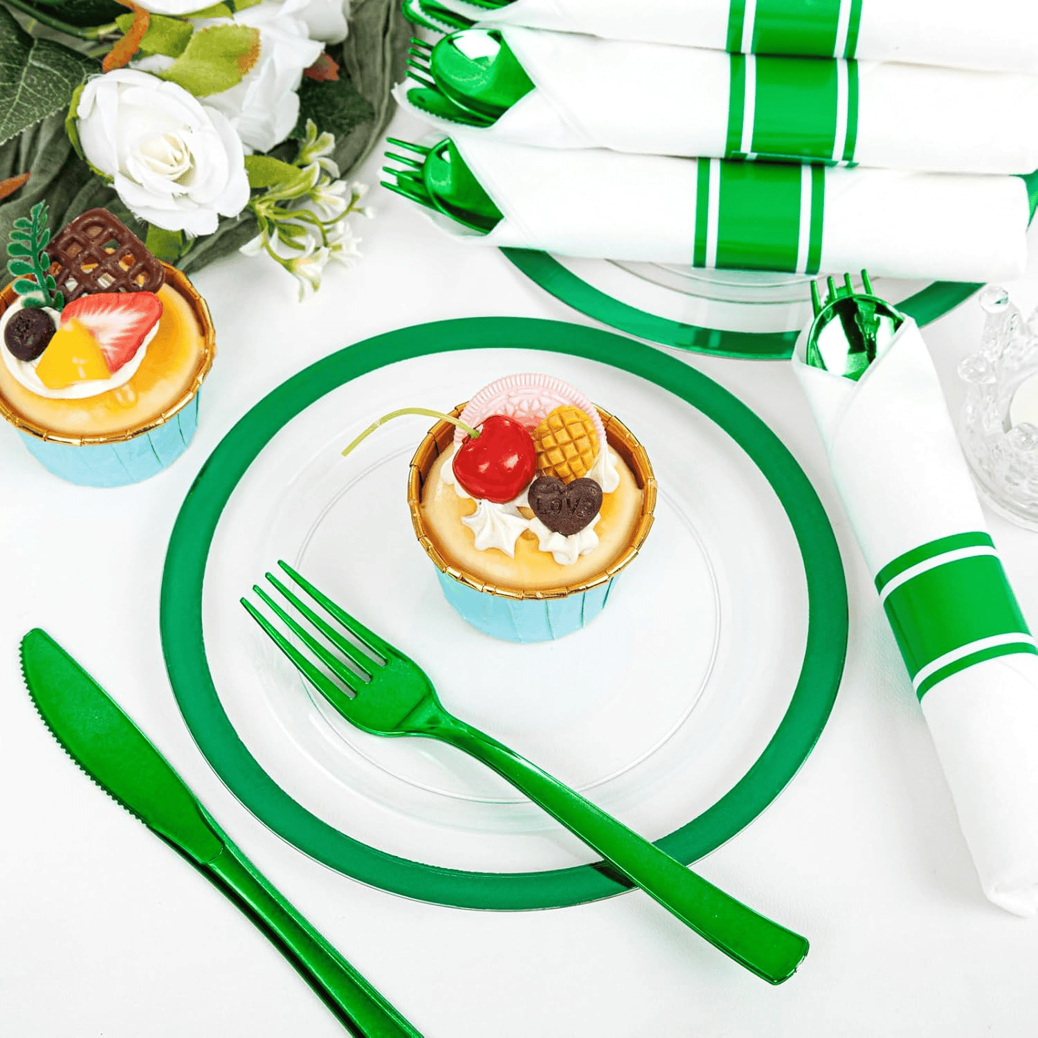 Clear Green Dark Plastic Plates, Disposable Plates for , Dinnerware Include 50 Dinner Plates 50 Dessert Plates, 50 Cups, 50 Pre Rolled Napkins with Cutlery Set for Party — view 8