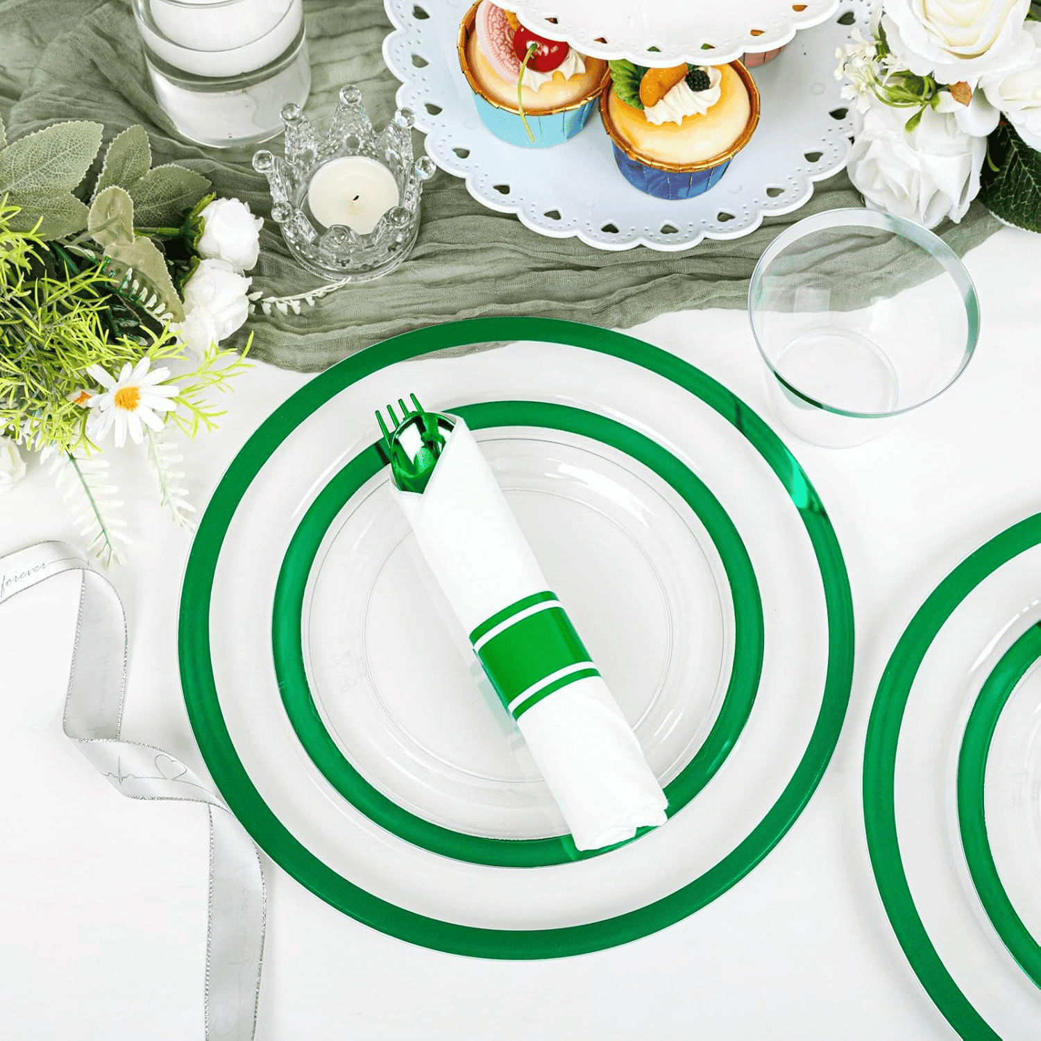 Clear Green Dark Plastic Plates, Disposable Plates for , Dinnerware Include 50 Dinner Plates 50 Dessert Plates, 50 Cups, 50 Pre Rolled Napkins with Cutlery Set for Party — view 9