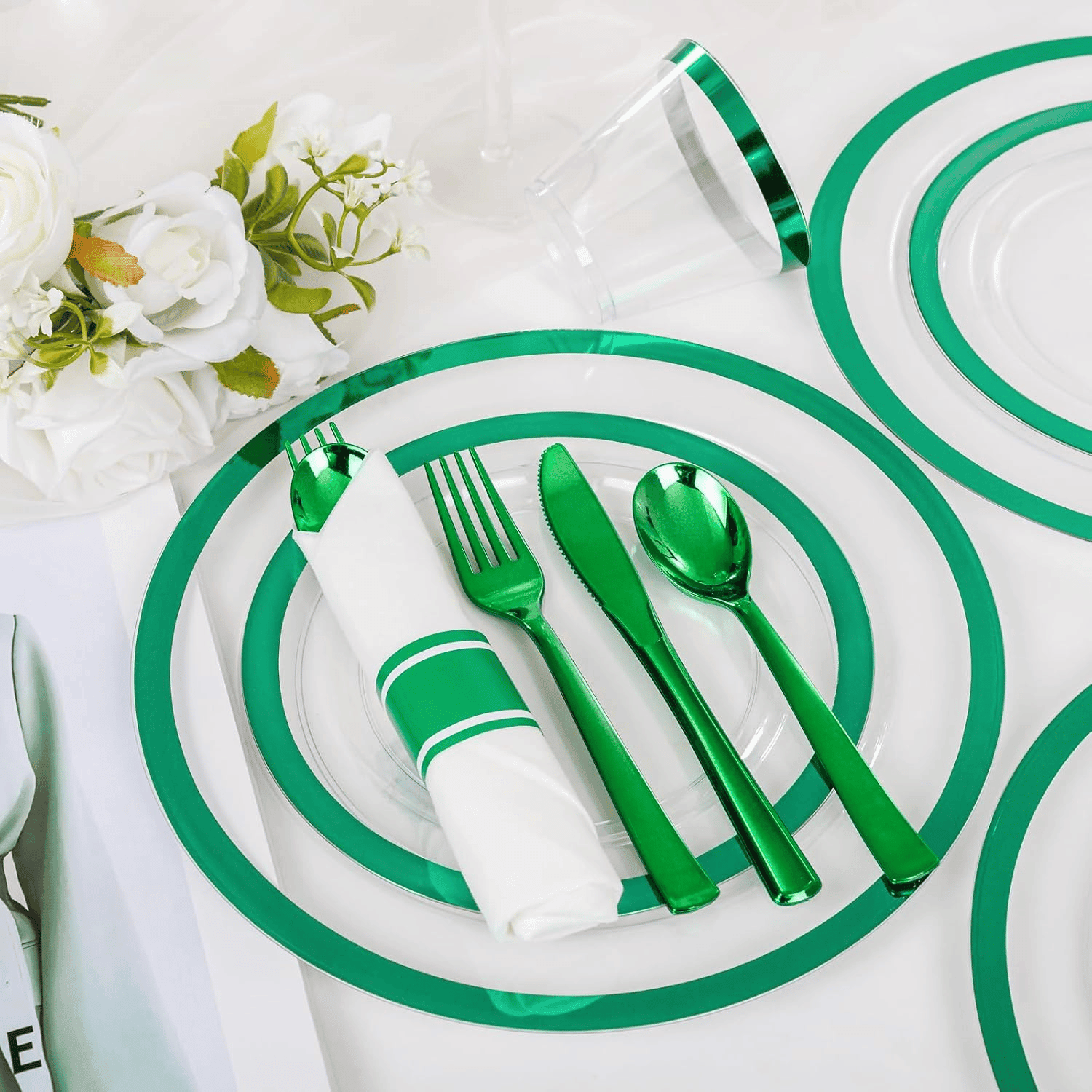 Clear Green Dark Plastic Plates, Disposable Plates for , Dinnerware Include 50 Dinner Plates 50 Dessert Plates, 50 Cups, 50 Pre Rolled Napkins with Cutlery Set for Party — view 10