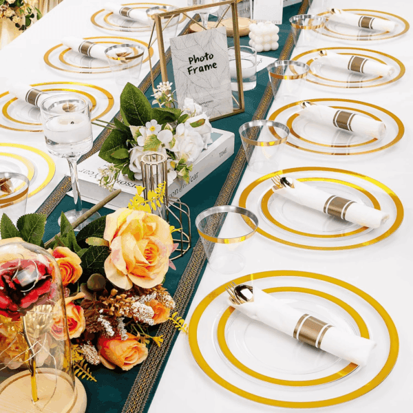 Clear Gold Dark Plastic Plates, Disposable Plates for , Dinnerware Include 50 Dinner Plates 50 Dessert Plates, 50 Cups, 50 Pre Rolled Napkins with Cutlery Set for Party — view 8