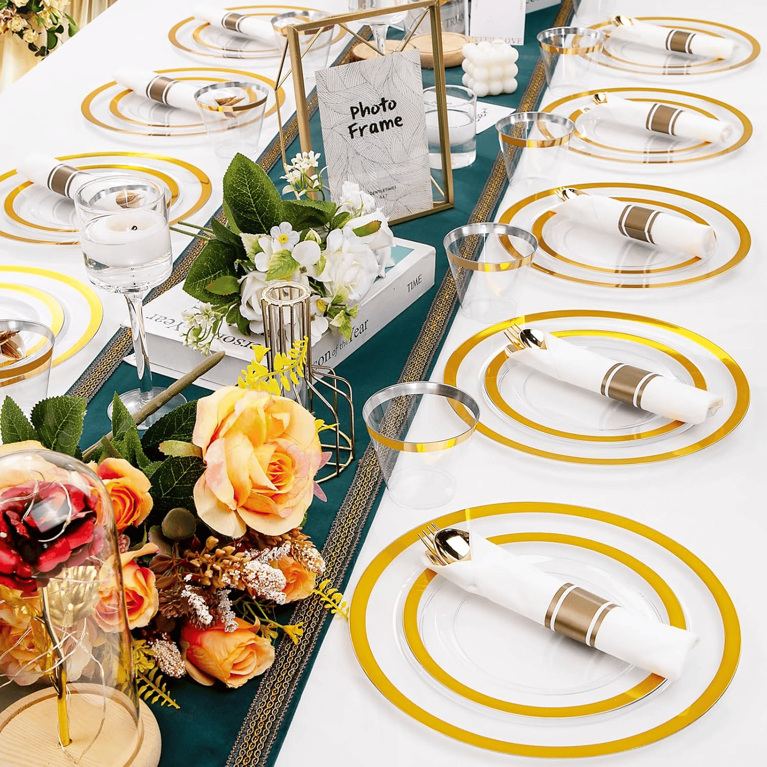 Clear Gold Dark Plastic Plates, Disposable Plates for , Dinnerware Include 50 Dinner Plates 50 Dessert Plates, 50 Cups, 50 Pre Rolled Napkins with Cutlery Set for Party — view 8