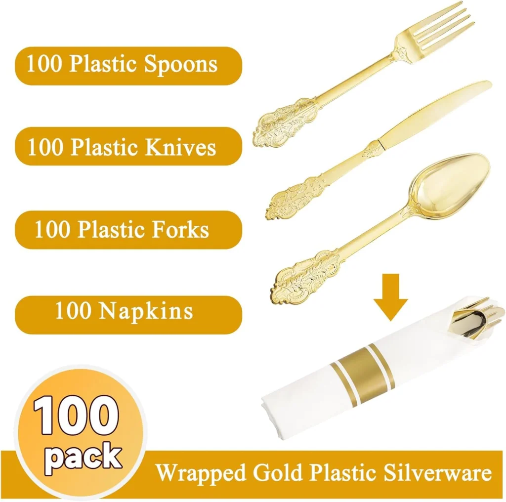 Pre-Rolled Gold Silverware with Napkins (400 Pieces)