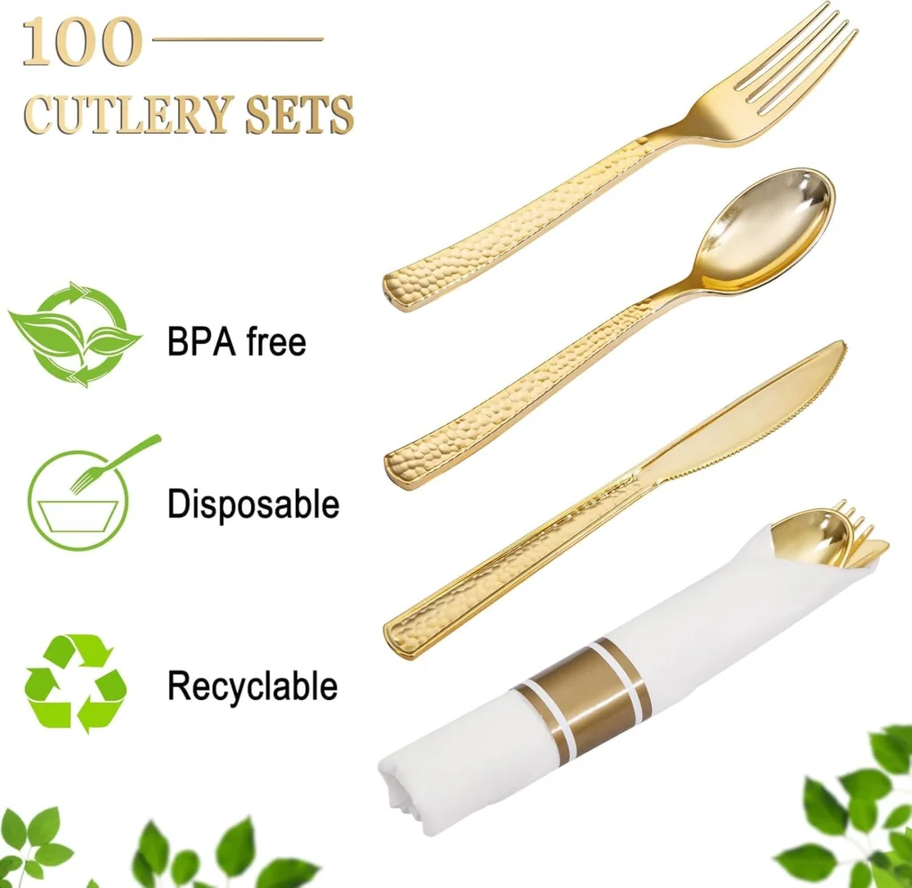 Pre-Rolled Gold Silverware with Napkins (400 Pieces)