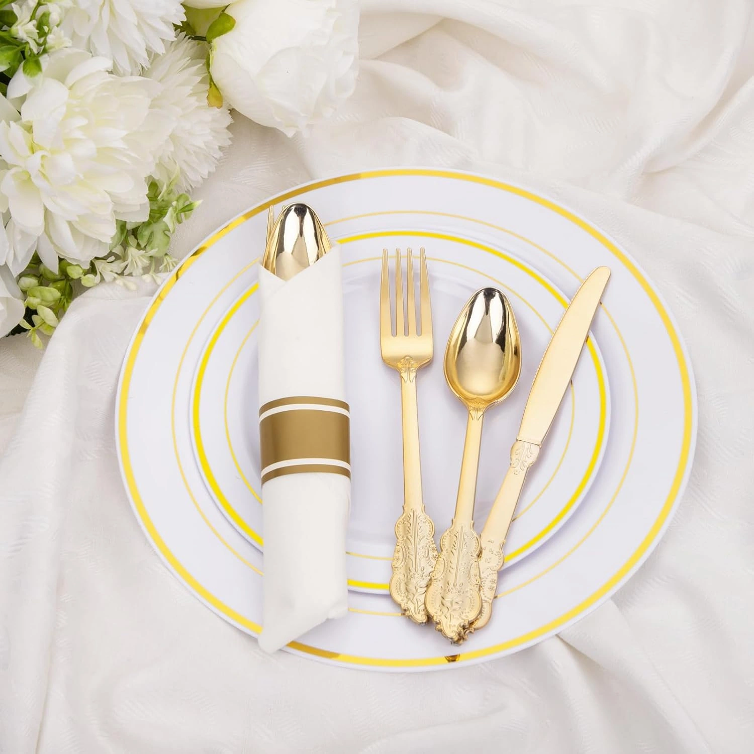 Pre-Rolled Gold Silverware with Napkins (400 Pieces)