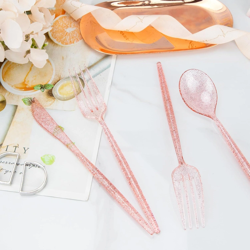 Luxury Plastic Silverware Set (180 Pieces) – Pink, Pink Glitter