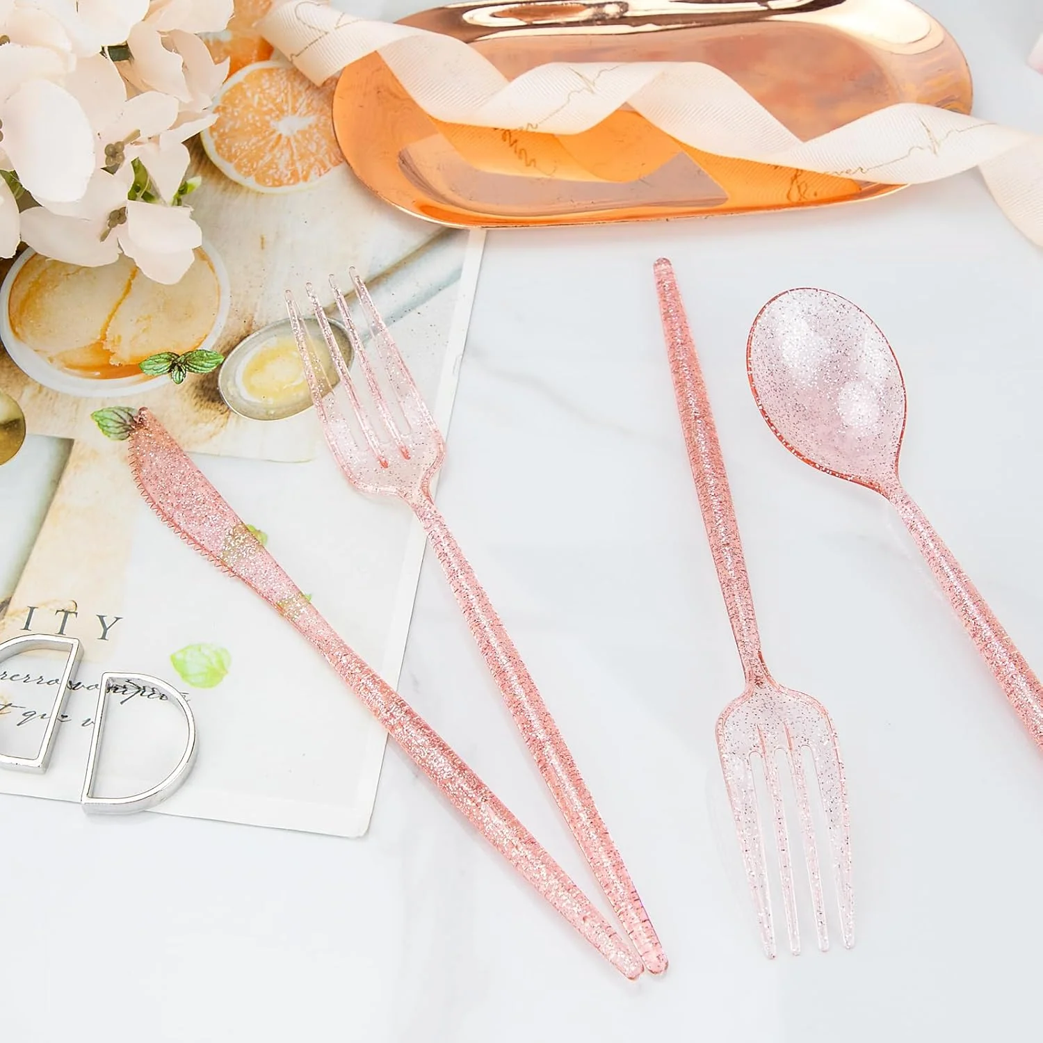 Luxury Plastic Silverware Set (180 Pieces) – Pink, Pink Glitter