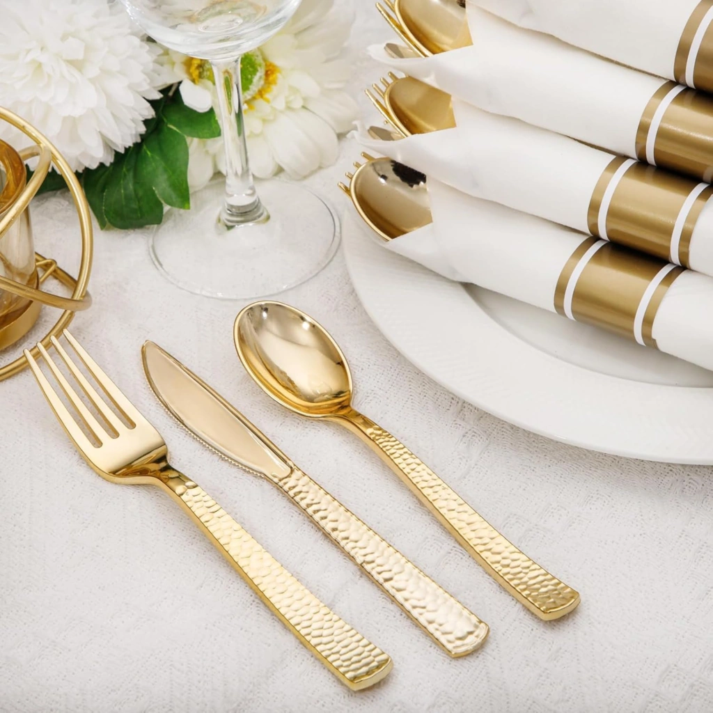 Pre-Rolled Gold Silverware with Napkins (400 Pieces)