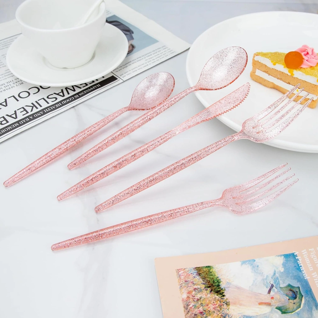 Luxury Plastic Silverware Set (180 Pieces) – Pink, Pink Glitter
