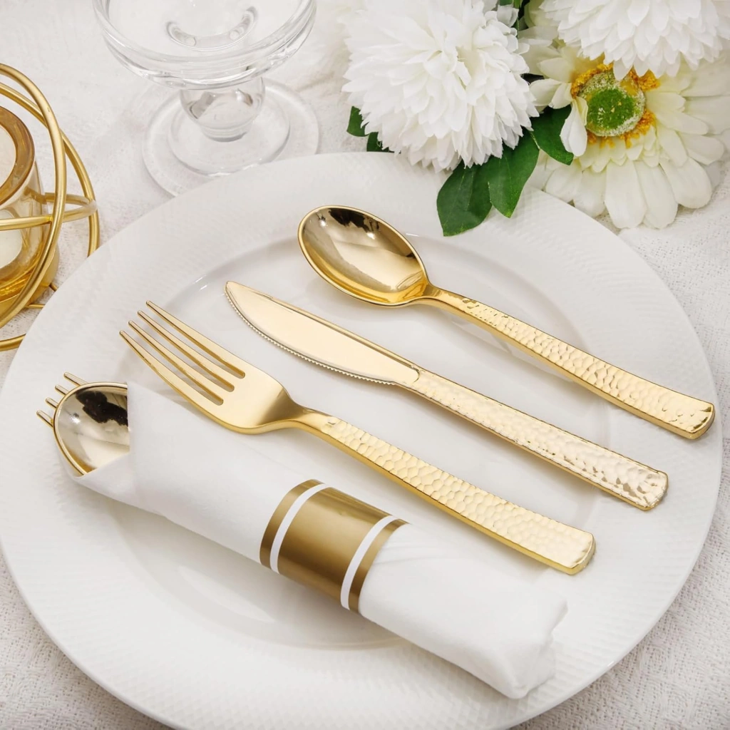 Pre-Rolled Gold Silverware with Napkins (400 Pieces)