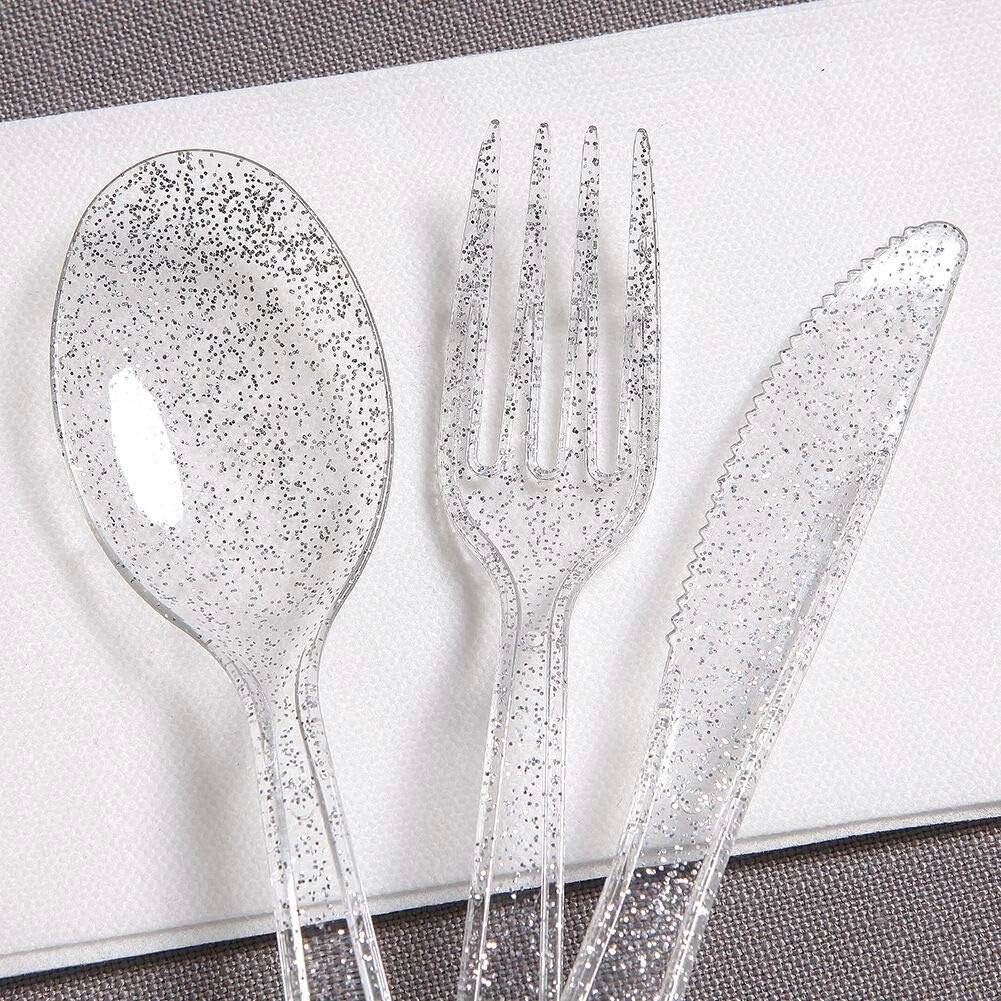 Glitter Plastic Silverware Set (360 Pieces) – Silver Glitter