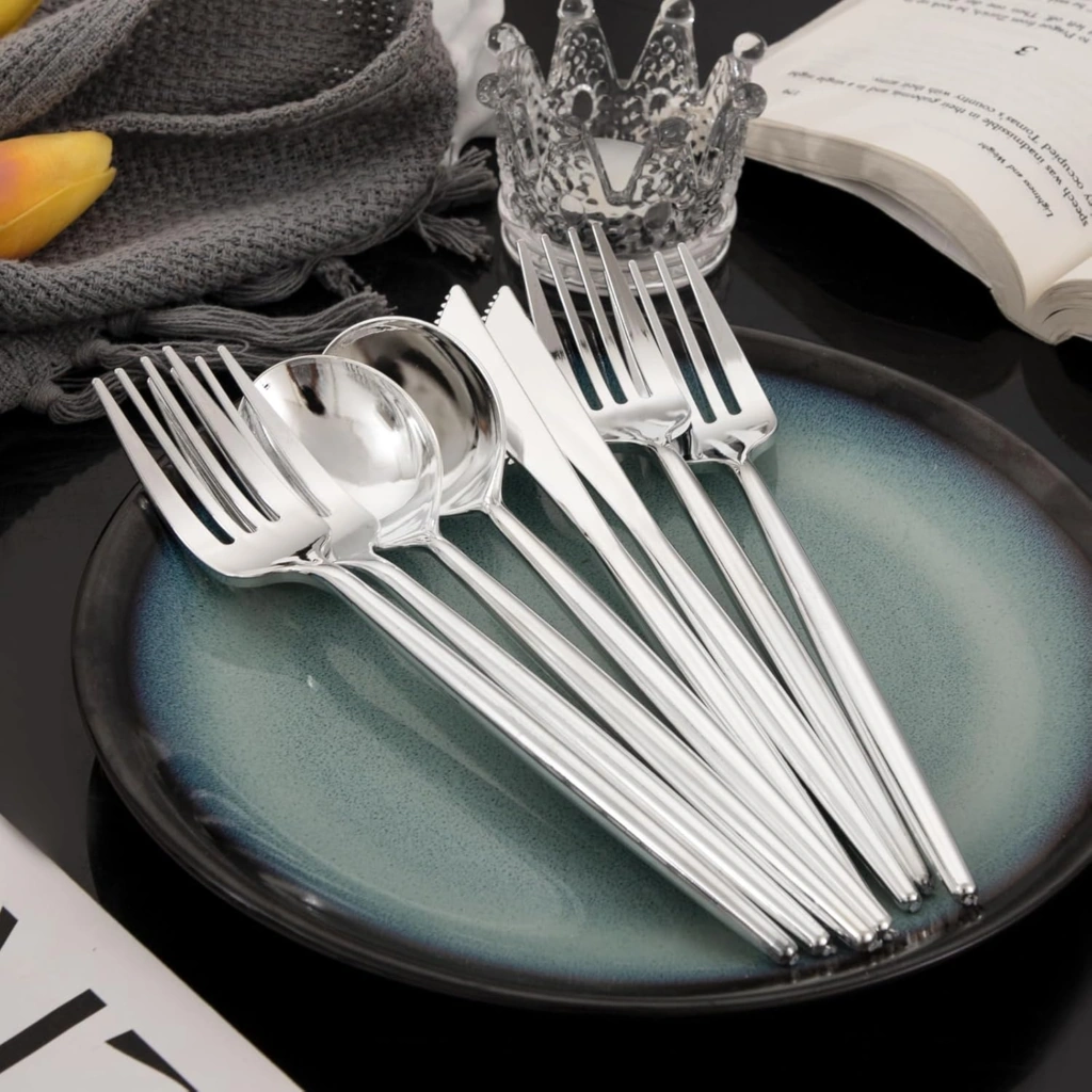 Luxury Plastic Silverware Set (180 Pieces) – Silver, Elegant Silver
