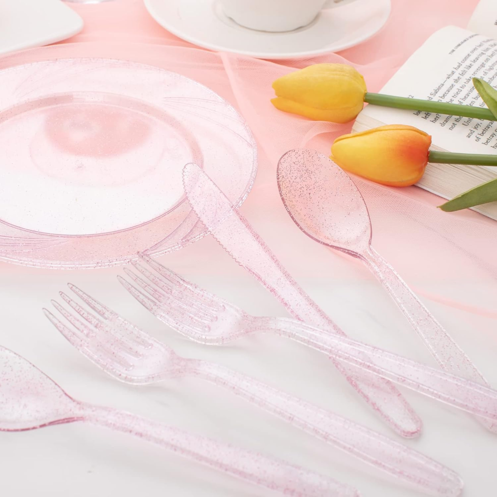 Glitter Plastic Silverware Set (360 Pieces) – Pink Glitter