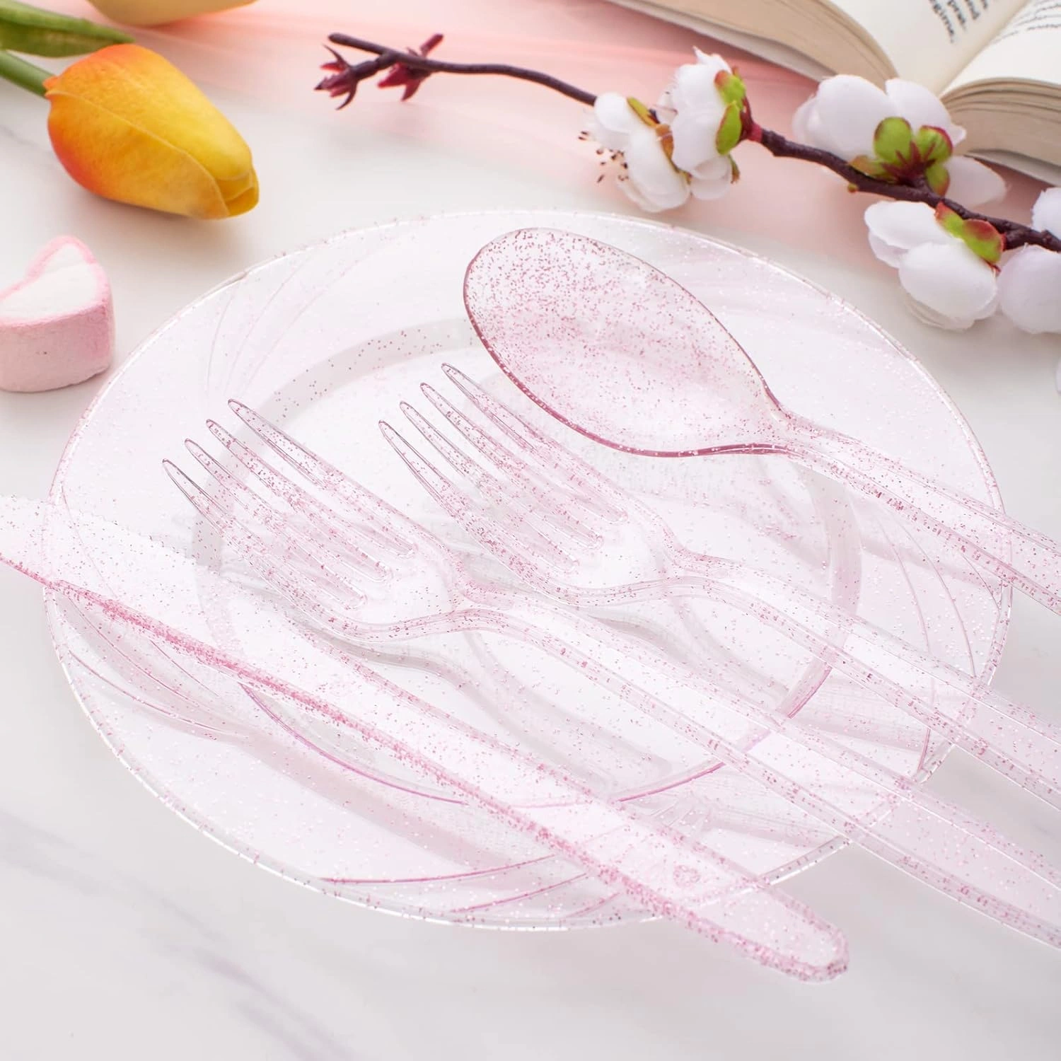 Glitter Plastic Silverware Set (360 Pieces) – Pink Glitter