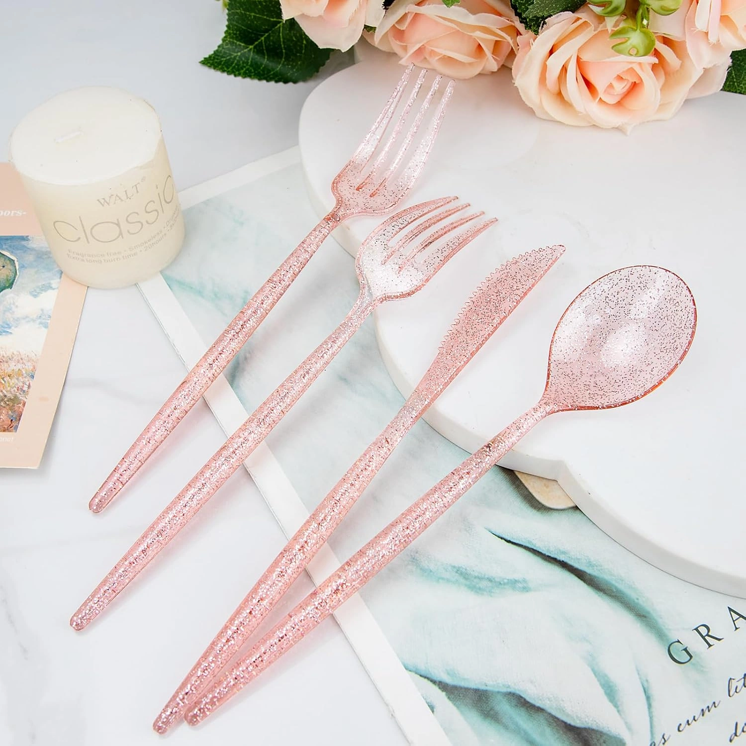 Luxury Plastic Silverware Set (180 Pieces) – Pink, Pink Glitter