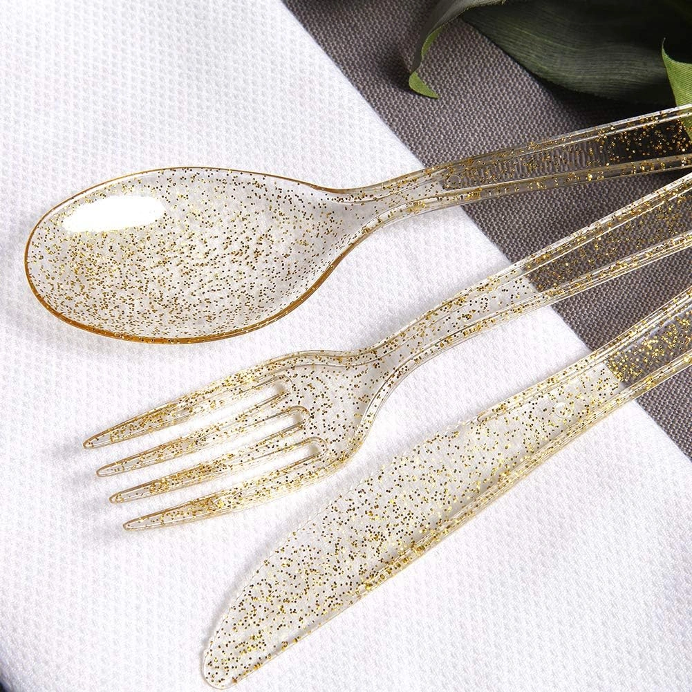 Glitter Plastic Silverware Set (360 Pieces) – Gold Glitter