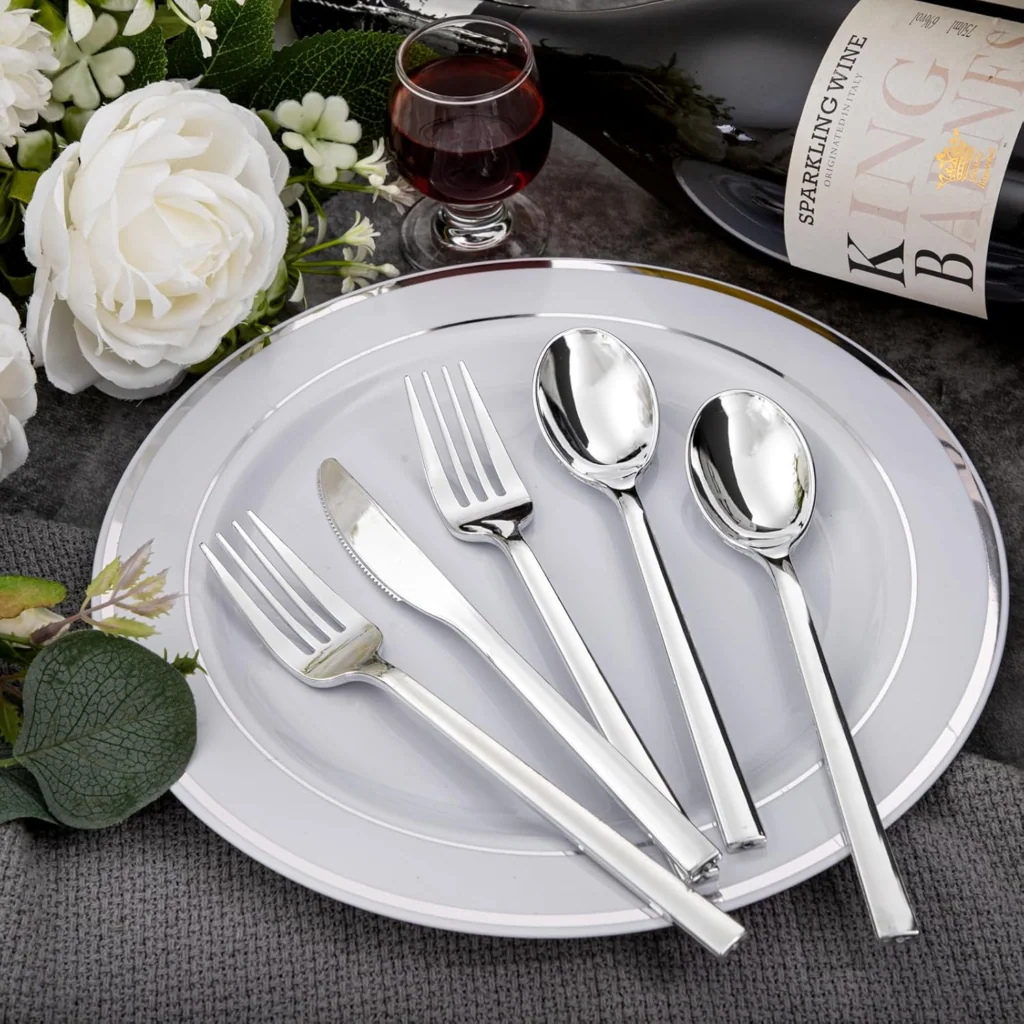 Luxury Plastic Silverware Set (180 Pieces) – Silver, Silver Wedding