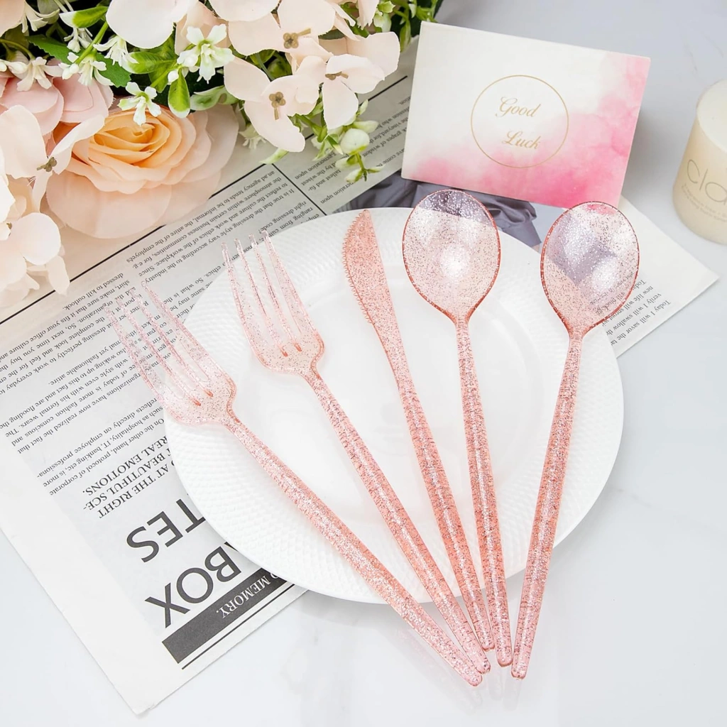 Luxury Plastic Silverware Set (180 Pieces) – Pink, Pink Glitter