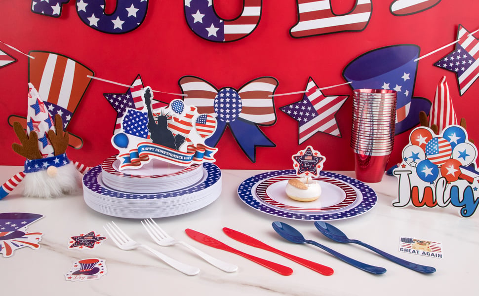 4th of July Plates & Silverware Set (180 Pieces)