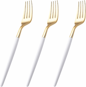 144PCS Gold-Plated Look Plastic Forks, White-Handled, Disposable