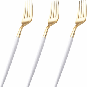 144PCS Gold-Plated Look Plastic Forks, White-Handled, Disposable