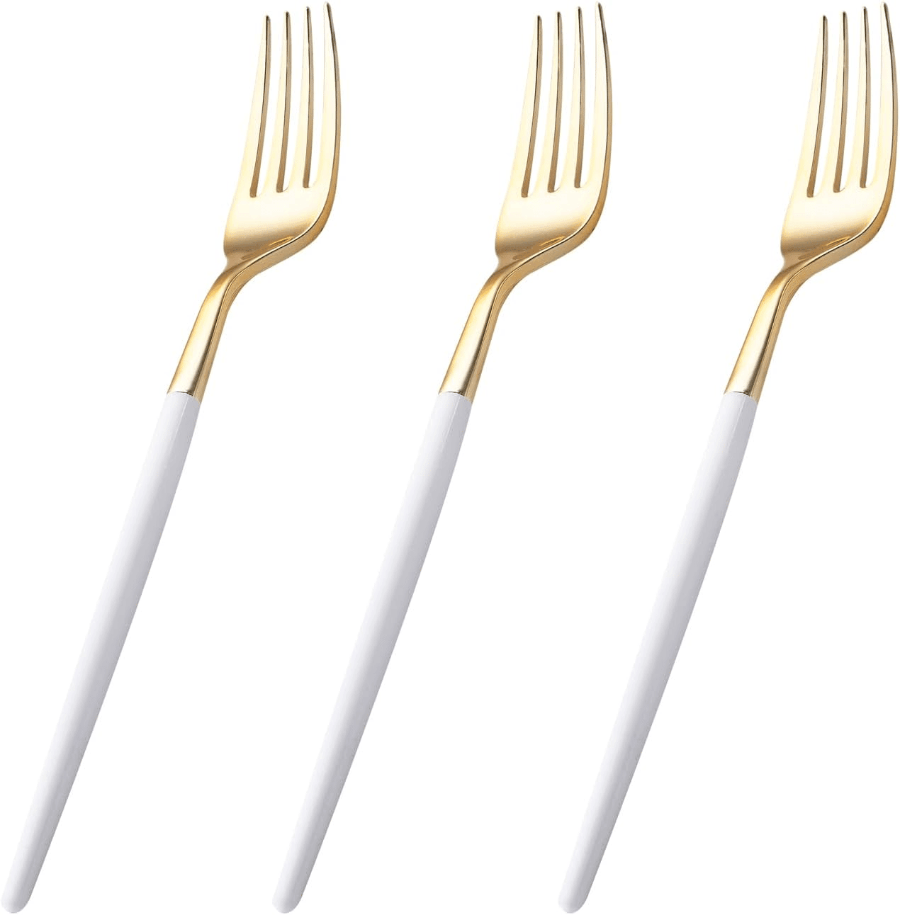 144PCS Gold-Plated Look Plastic Forks, White-Handled, Disposable