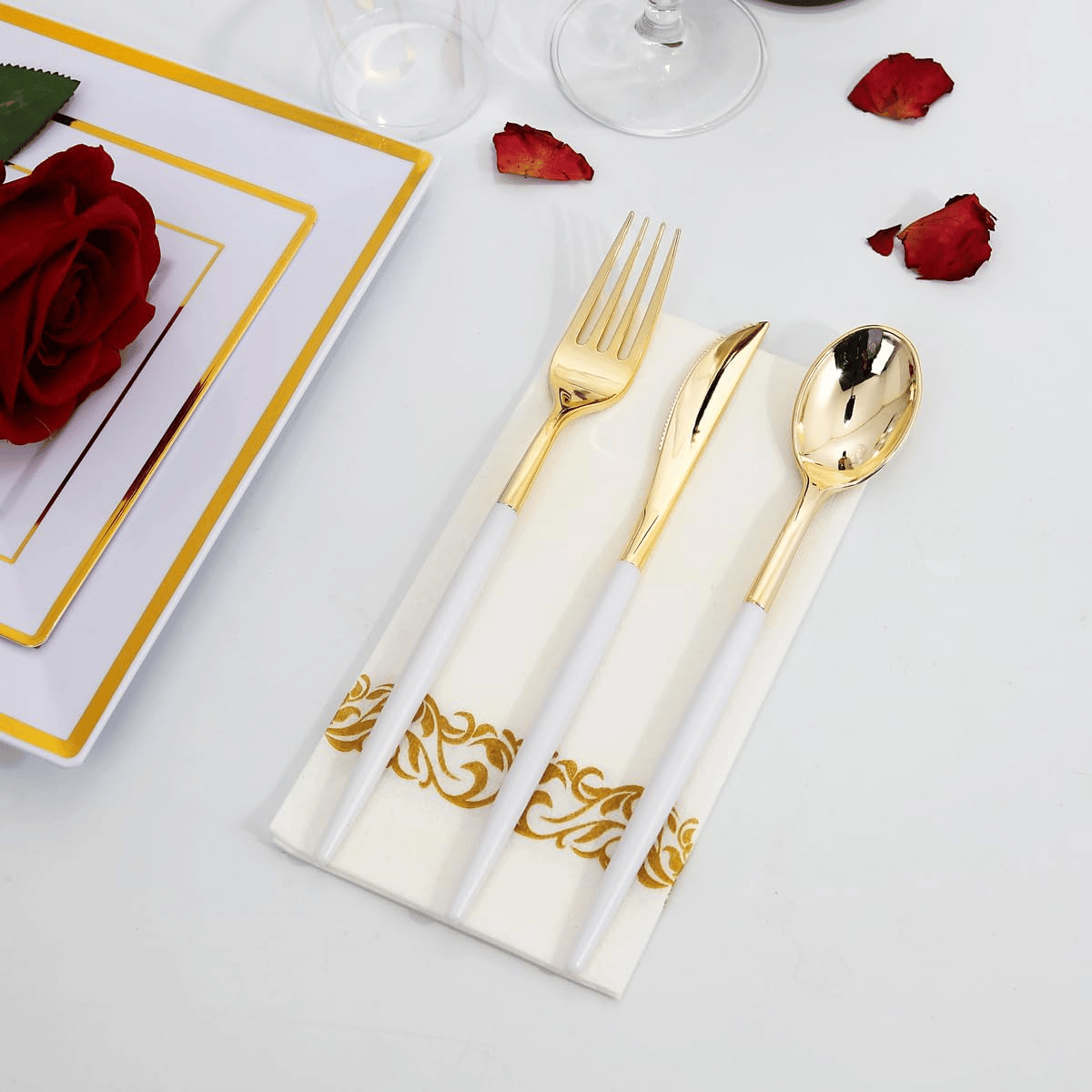 144PCS Gold-Plated Look Plastic Forks, White-Handled, Disposable