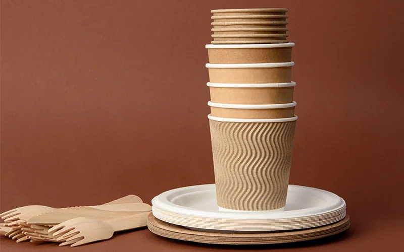 Stacked paper cups, disposable plates and wooden cutlery
