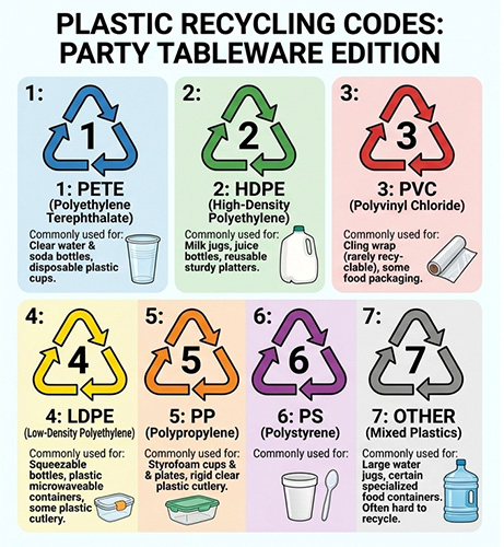Chart of plastic recycling codes 1 through 7 for party tableware