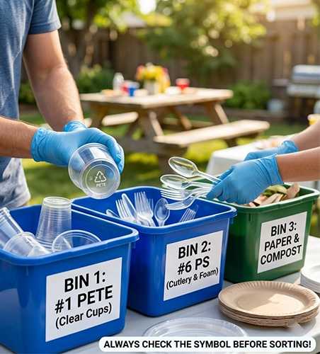 Sorting disposable cups and cutlery into labeled recycling bins