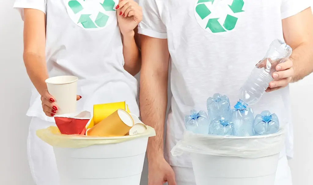 People holding recyclable cups and plastic bottles
