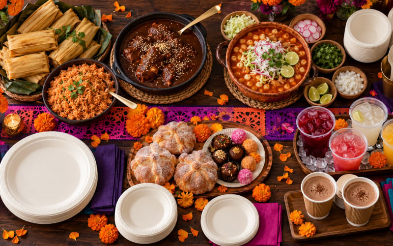 Día de los Muertos buffet with food, flowers and disposable plates