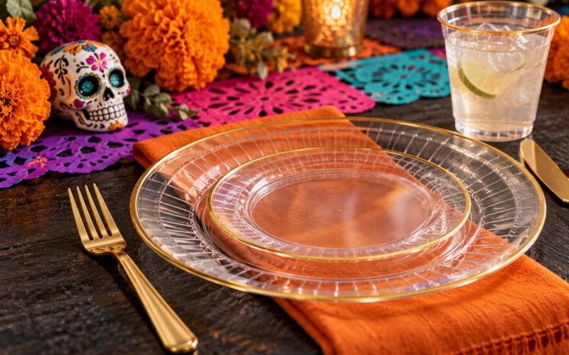 Clear plastic plate and cup on a festive marigold table setting