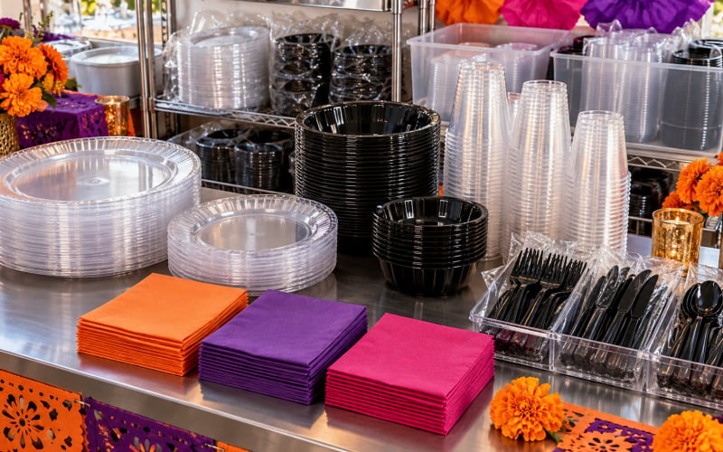 Stacks of disposable plates, cups, cutlery and colorful napkins