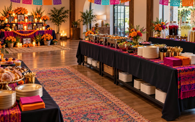 Festive Día de los Muertos buffet tables with serving supplies