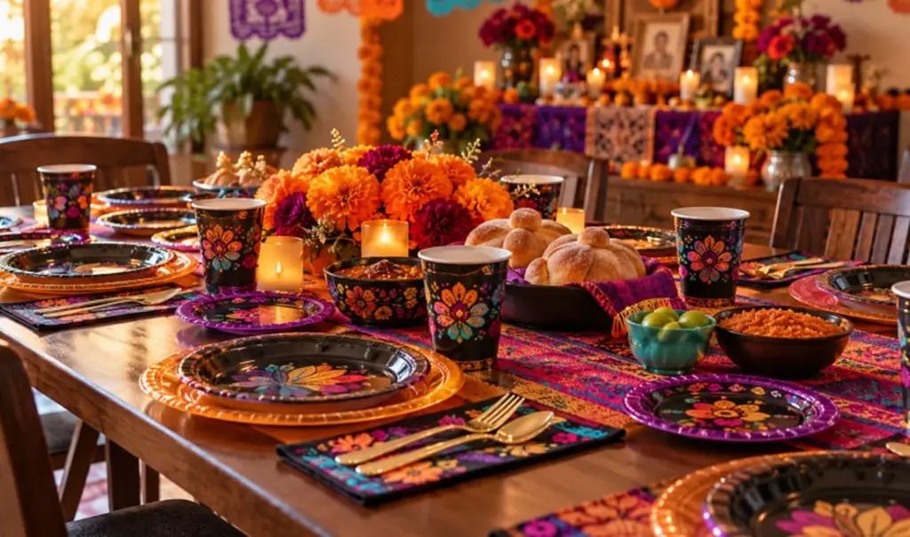 Colorful Día de los Muertos table with marigolds and disposable tableware